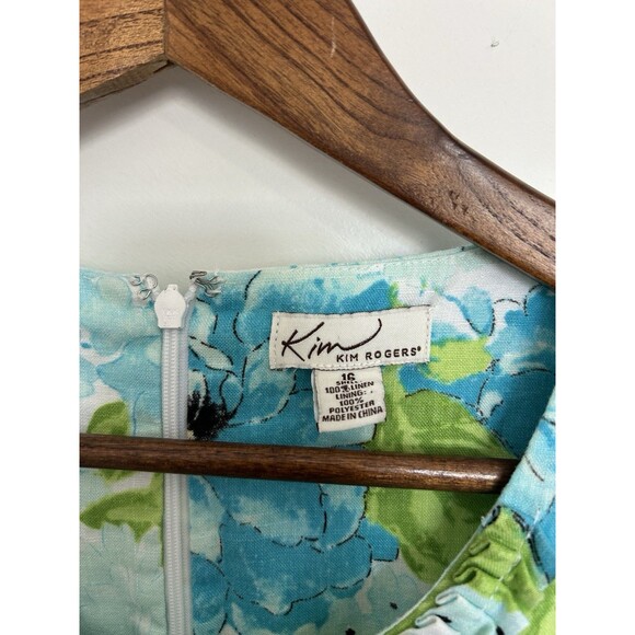 Kim Rogers Dress Size16 Floral 100% Linen Blue Green Elegant Resort Cruise - Picture 3 of 9
